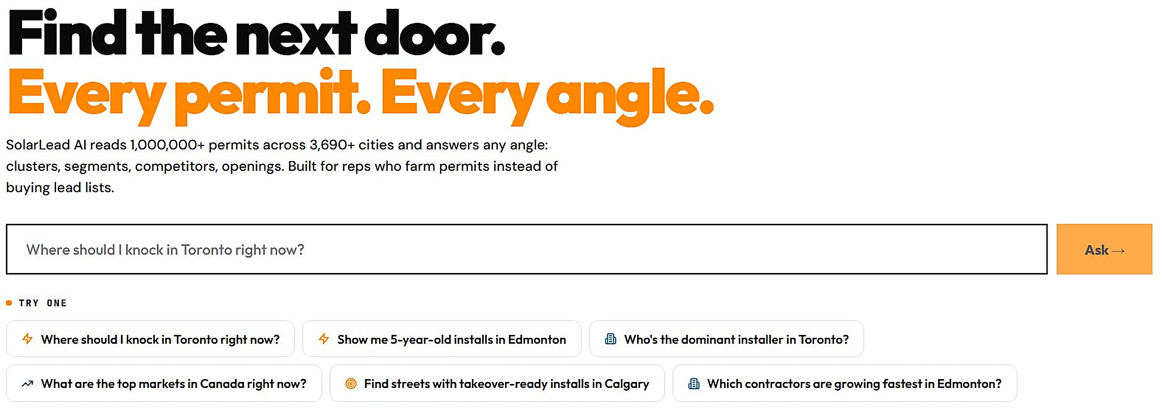 SolarLead AI ask bar with example questions about knocking, installers, and markets