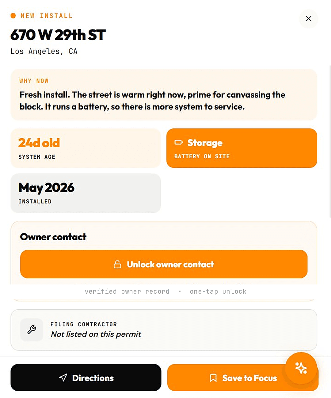 SolarLead lead detail for a fresh install with battery, showing why to knock now